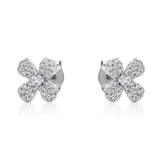 fully stone set floral stud earrings with claw set cubic zirconia center stone in sterling silver