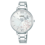 lorus quartz ladies stainless steel silver sunray patterened dial strap watch