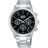 lorus quartz chronograph gents stainless steel black dial bracelet watch